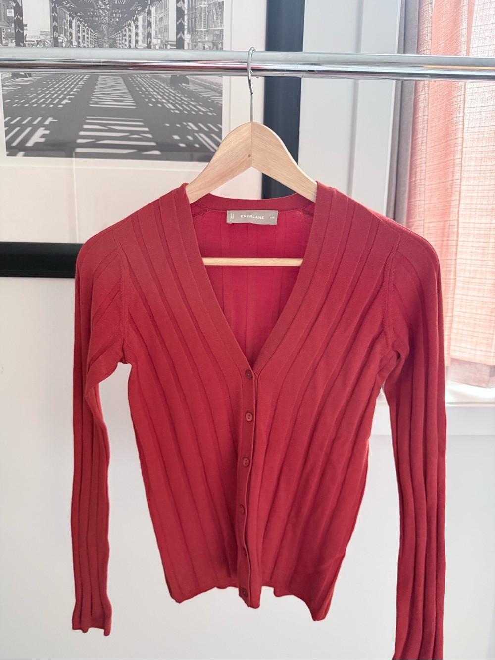 Everlane Ribbed Button-Front Cardigan in Brick Red
